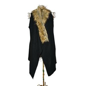 Staccato Black Ribbed Knit Sweater Cardigan with Cream Faux Fur - Women’s Size S